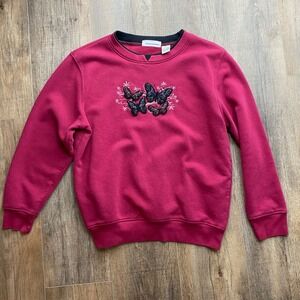 Blair Womens Butterfly Embroidered Fleece Sweatshirt Magenta Pink PM Petite Med